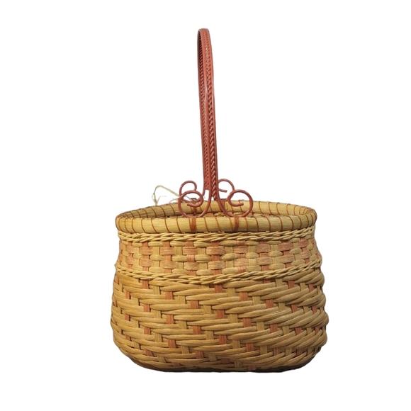 Handmade Woven Wicker Basket w/Wood Bottom Metal-Handle Berry-Picking Prairie - Picture 4 of 7